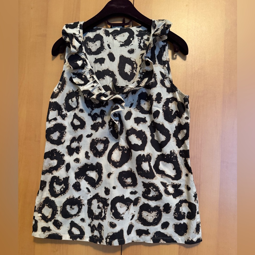 Ann Taylor Black and Cream Animal Print Ruffle Blouse